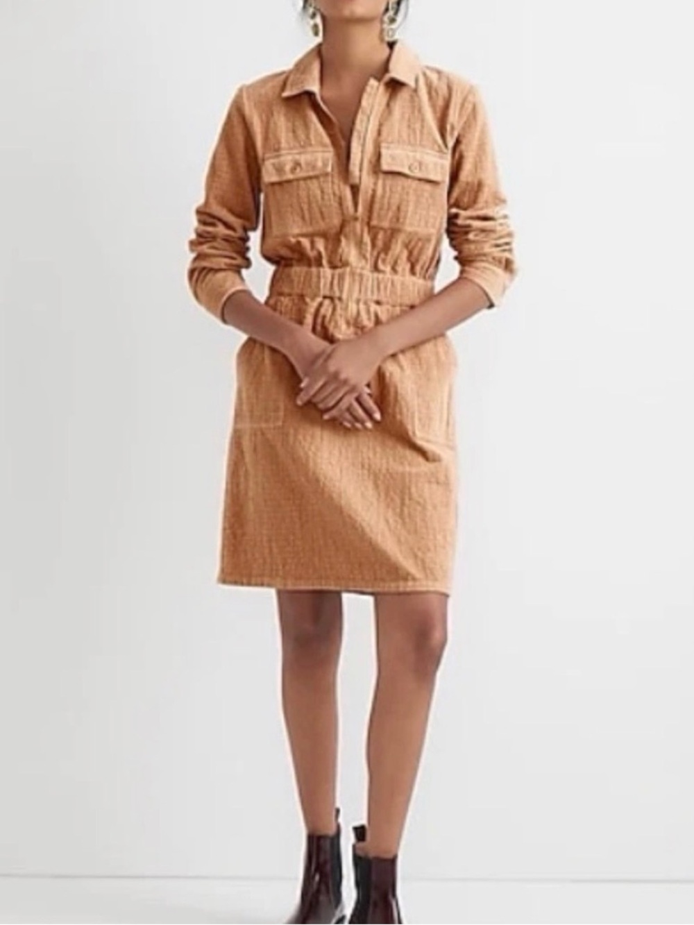 J.Crew Pale Mocha Corduroy Zip-Front Utility Mini Dress Size 6
